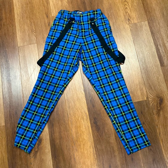 Blue & Green Plaid Suspender Pants - Picture 1 of 5